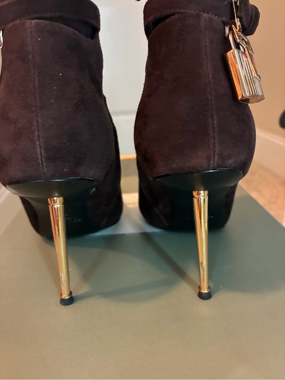 Tom Ford Dark Brown Suede Pointed Ankle Boot with Gold Stiletto Heel - Picture 10 of 11